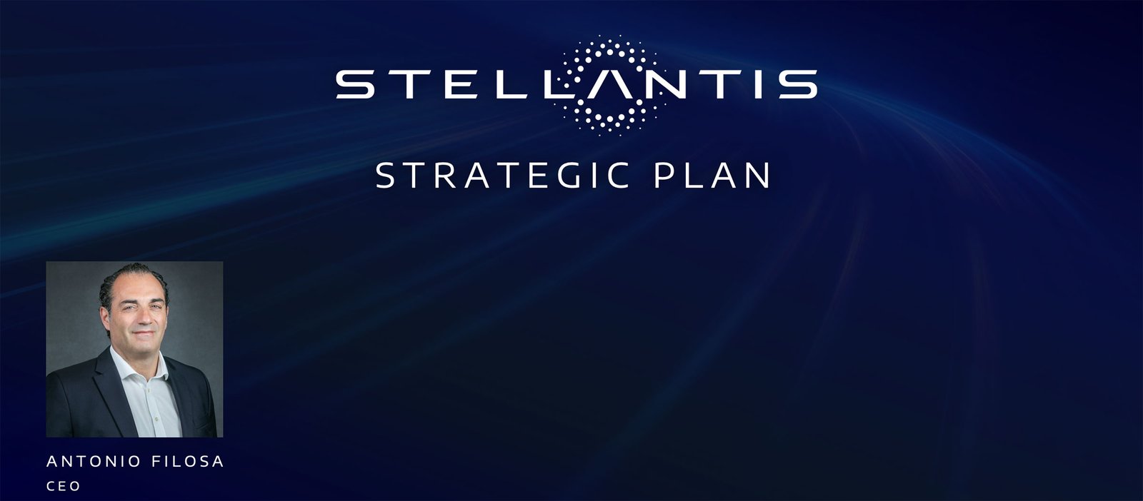 Presentation slide featuring CEO executive portrait photographed for Stellantis Investor Day 2026