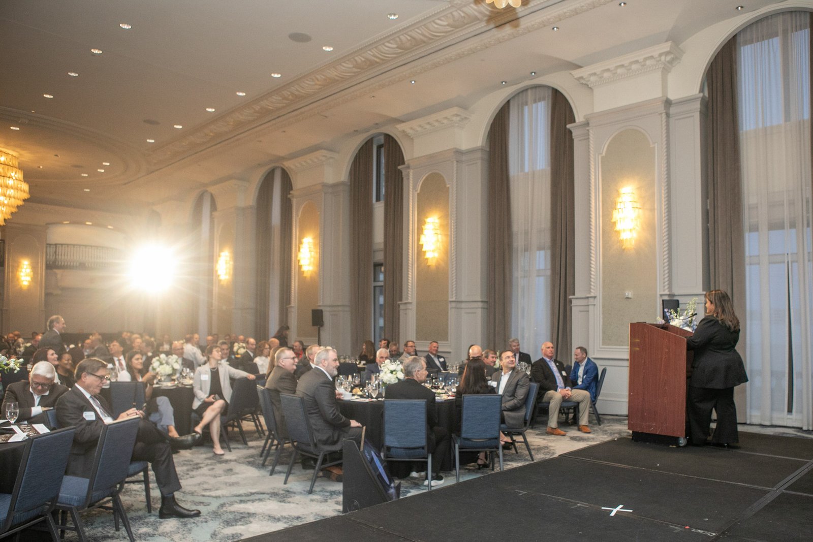 Wide view of attendees during an awards presentation in the ballroom at The Westin Book Cadillac Detroit.