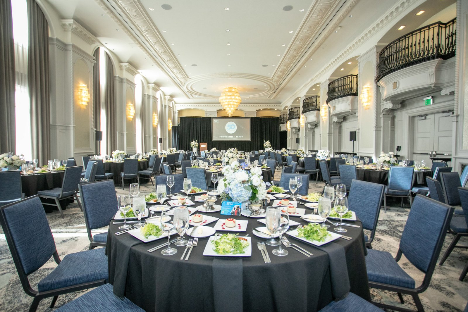 Ballroom prepared for the SAE Fellows Reception and Dinner at The Westin Book Cadillac in Detroit.