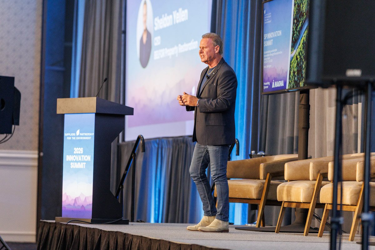 Sheldon Yellen, CEO of BELFOR Property Restoration, delivering a keynote presentation during the Suppliers Partnership for the Environment Innovation Summit at Vibe Credit Union Showplace in Novi, Michigan.