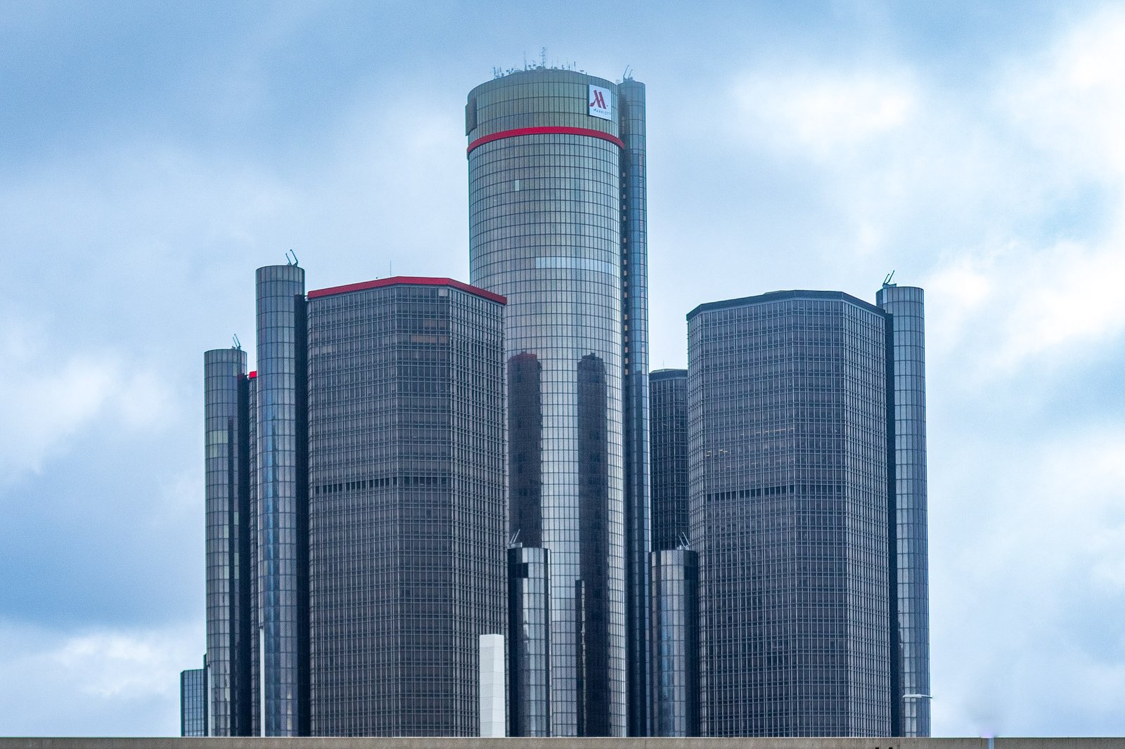Detroit skyline with the Renaissance Center, where Hugh Anderson photographs corporate events and conferences