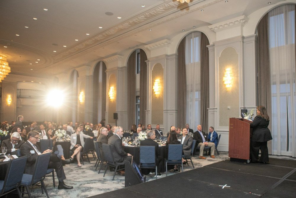 Wide view of attendees during an awards presentation in the ballroom at The Westin Book Cadillac Detroit, MI