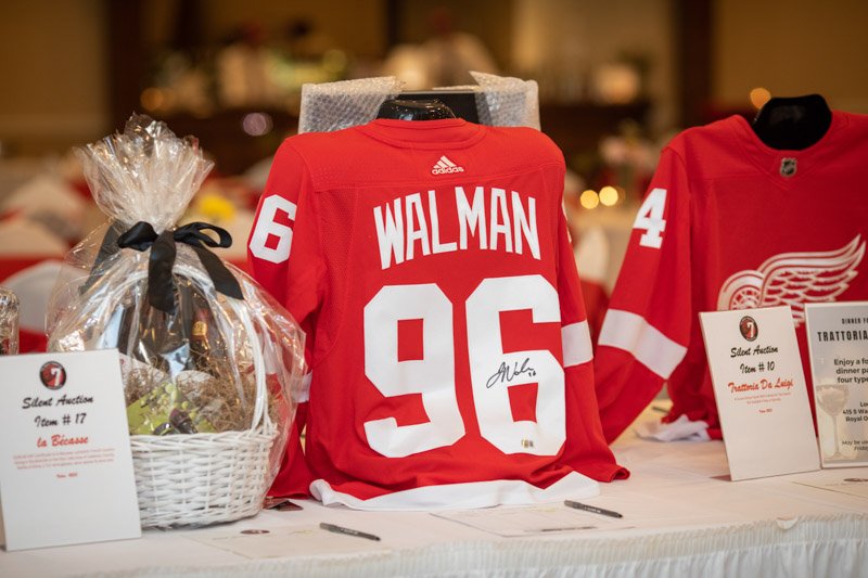 Signed Detroit Red Wings jersey displayed in the silent auction at a Ted Lindsay Foundation fundraiser